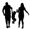 Happy family enjoying in walking vector silhouette illustration. Mother and father holding hands with his son.