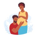 Happy family. Ethnical dark skin couple expecting baby. Pregnant woman with big belly and her husband. Vector Royalty Free Stock Photo