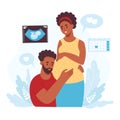 Happy family. Ethnical dark skin couple expecting baby. Pregnant woman and husband with first photo of ultrasound of