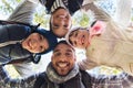 Happy family faces outdoors at camp in woods Royalty Free Stock Photo