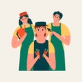 Happy family of farmers. Mom with a watering can, dad with a garden shovel, son with carrots. Vector illustration in flat style Royalty Free Stock Photo