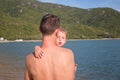 Happy family. Father carrying child girl outdoor enjoy nature. Portrait dad and daughter. Royalty Free Stock Photo