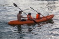 Happy Family father and child on canoeing or kayaking at sea island at Singapore Royalty Free Stock Photo