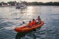 Happy Family father and child on canoeing or kayaking at sea island at Singapore Royalty Free Stock Photo