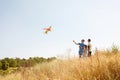 Happy family father with children in nature fly a kite. Royalty Free Stock Photo