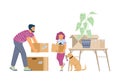 Happy family father and daughter with dog moving in new house. Royalty Free Stock Photo