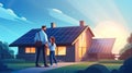 happy family of father and daughter stay by eco friendly house with solar panel, renewable energy concept, generative AI Royalty Free Stock Photo