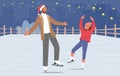 Happy Family of Father and Little Daughter Skating on Open Air Rink in Winter. Dad with Girl Spend Time Together in Park