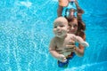 Happy family - father, little son dive underwater in swimming pool