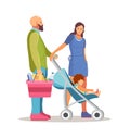 Happy family father, mother and baby shopping in supermarket Royalty Free Stock Photo