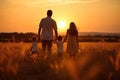 Happy family father, mother and child daughter launch a kite on nature at sunset. Generative AI