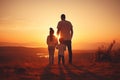 Happy family father, mother and child daughter launch a kite on nature at sunset. Generative AI Royalty Free Stock Photo