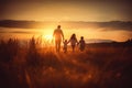 Happy family father, mother and child daughter launch a kite on nature at sunset. Generative AI Royalty Free Stock Photo