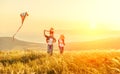 Happy family father of mother and child daughter launch a kite o Royalty Free Stock Photo