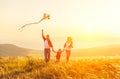 Happy family father of mother and child daughter launch a kite o Royalty Free Stock Photo