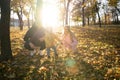 Happy family father mother and child son has fun on a walk in the autumn leaf fall in park Royalty Free Stock Photo