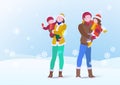 Happy Family Father and Mother Holding Son and Daughter on Snowdrifts Winter snow background with falling Snowflakes. Vector Royalty Free Stock Photo