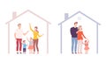 Happy Family with Father, Mother and Little Kids Under Home Roof Protection Vector Set Royalty Free Stock Photo