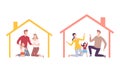 Happy Family with Father, Mother and Little Kids Under Home Roof Protection Vector Set Royalty Free Stock Photo