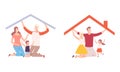 Happy Family with Father, Mother and Little Kids Under Home Roof Protection Vector Set Royalty Free Stock Photo