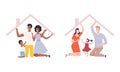 Happy Family with Father, Mother and Little Kids Under Home Roof Protection Vector Set Royalty Free Stock Photo