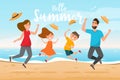 Happy family. Father, mother, son and daughter jump together with summer trip Royalty Free Stock Photo