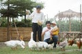 Happy family father, mother and son feed duck at farm Royalty Free Stock Photo