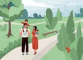 Happy family with father, mother and their son and daughter walk at the city park vector illustration. Joyful mom, dad