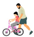 Happy family, father teaching his daughter riding a bicycle vector illustration isolated on white background. Dad teaches daughter Royalty Free Stock Photo