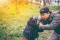 Happy family. Father teaching his son photographing outdoors in Royalty Free Stock Photo