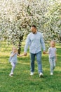 Happy family. A father and two daughters walk through the park in spring in a blooming garden, holding hands Royalty Free Stock Photo