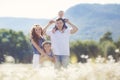 Happy family on a field of blooming daisies Royalty Free Stock Photo