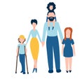 Happy family flat icons set - couple with kids including disabled boy with crutches