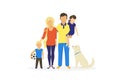 Happy family flat vector concept illustration of parents standing with son, daughter and dog Royalty Free Stock Photo