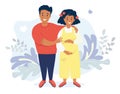 Happy family flat vector. Couple Ethnic affiliation. Happy pregnant woman in overalls stroking her belly with her hands. The husba Royalty Free Stock Photo
