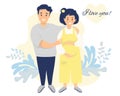 Happy family flat vector. A pregnant woman in a yellow overalls strokes her belly with her hands. Her husband hugs her. On a Royalty Free Stock Photo