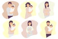Happy family flat vector set. A pregnant woman, dad and mom with a newborn baby in their arms - a son and a daughter Royalty Free Stock Photo