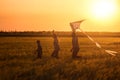 Happy family flying kite in the field at sunset Royalty Free Stock Photo