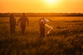 Happy family flying kite in the field at sunset Royalty Free Stock Photo