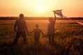 Happy family flying kite in the field at sunset Royalty Free Stock Photo