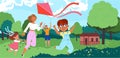 Happy Family Flying Kite with Kids Having Fun and Playing Outdoor Vector Illustration Royalty Free Stock Photo