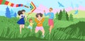 Happy Family Flying Kite with Kids Having Fun and Playing Outdoor Vector Illustration Royalty Free Stock Photo