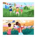 Happy Family Flying Kites with Kids Having Fun and Playing Outdoor Vector Scene Set Royalty Free Stock Photo