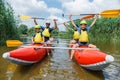 Happy family of four on the catamaran Royalty Free Stock Photo