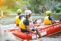 Happy family of four on the catamaran Royalty Free Stock Photo