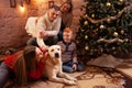 A happy family of four and a dog celebrate the New Year. Dad, mom, son and daughter love the dog and have fun against the Royalty Free Stock Photo