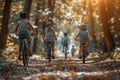 Happy family of four enjoying mountain biking adventure on a sunny forest trail Royalty Free Stock Photo