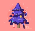 Happy Family or Friends Company Decorating Christmas Tree with Garlands and Balls Standing on Ladder Royalty Free Stock Photo