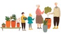 Happy family gardening together, grandparents and children, people with houseplants, vector illustration Royalty Free Stock Photo