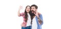 Happy family girl child and bearded man take selfie with mobile camera phone isolated on white, OK Royalty Free Stock Photo